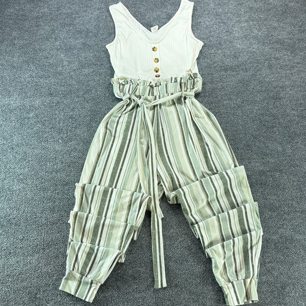 Derek Heart Womens Green Cream Striped Waist‎ Jumpsuit Sz M Ribbed Knit Autumn